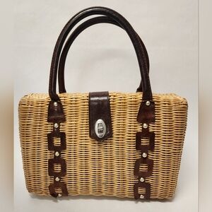1950s Vintage Wicker Woven Handbag with Leather Handles made in HongKong